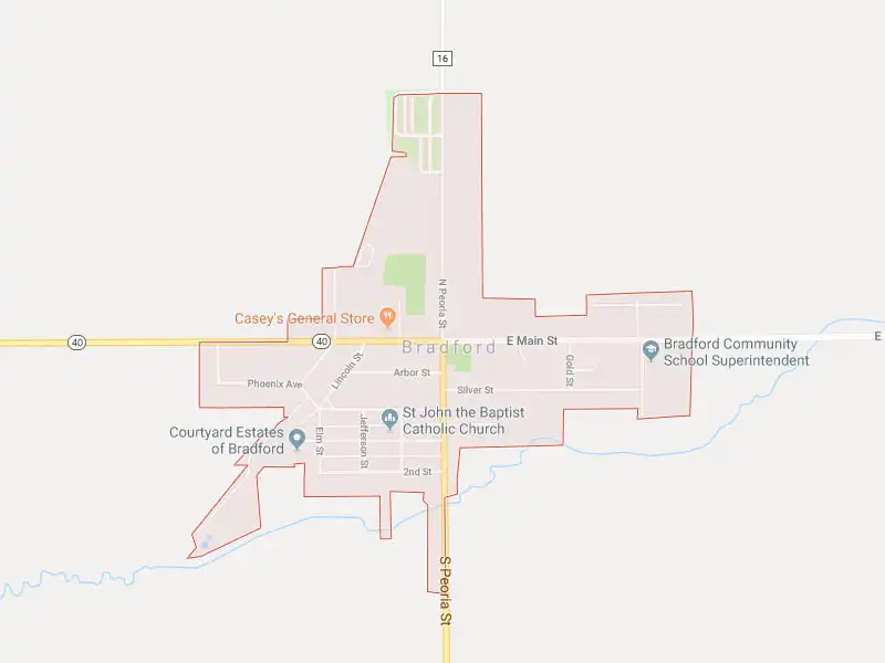 Map of Bradford, IL service area boundaries along Route 40 and Peoria Street